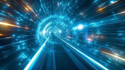 A tunnel with a bright blue light shining through it