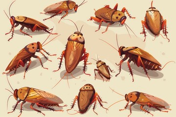 Group of cockroach beetles on a plain white background, suitable for scientific or educational use
