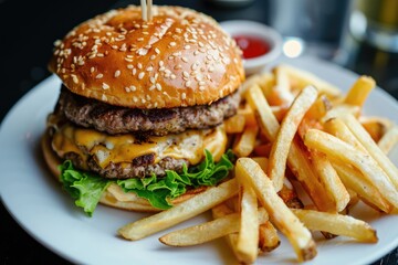 Burger and French fries on white plate. Hamburger or cheeseburger and potato chips on black background