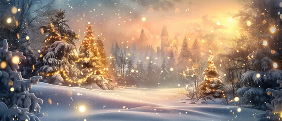Magical Winter Wonderland with Snowy Forest and Glowing Lights
