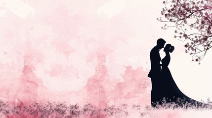 Minimalist Wedding Silhouette - Elegant Bridal Couple - Soft Pink Romance