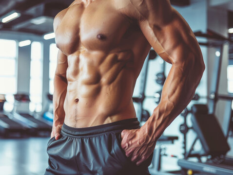  Athletic male torso showing muscles, abs in fitness center.