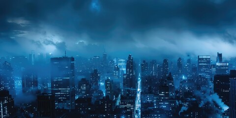 Fototapeta premium Misty foggy blue stormy night sky over a vast panoramic view of a city skyline - stormy weather - emblematic cityscape.