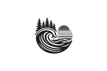 beach ocean vibes logo with waves with pine tree forest, black and white silhouette style vector