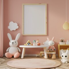 Mock up frame in children room with natural wooden furniture, 3D render.