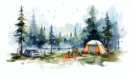 Watercolor Camping Flat vector isolated on white background