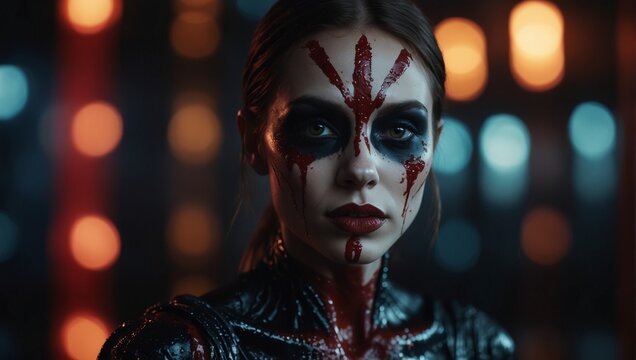 A woman with a face painted like an alien is surrounded by blood,.