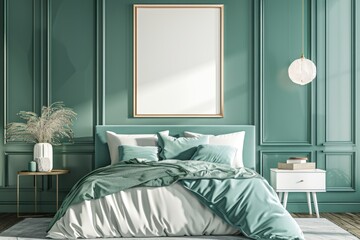 Mockup poster frame in luxury bedroom interior, 3d render, Aqua background