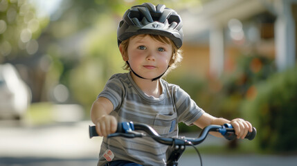 Obraz premium A closeup on a cute toddler or child riding a bike and wearing a helmet outdoors at a suburb neighborhood