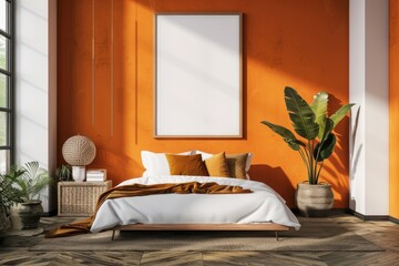 Mockup poster frame in luxury bedroom interior, 3d render, Amber background.