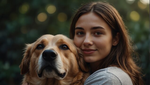 Young woman hugging her dog. Closeup portrait. Living with pet mindfulness, friendship concept.