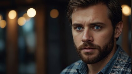 A man with a beard and blue eyes is wearing a gray jacket and a plaid shirt. - Powered by Adobe