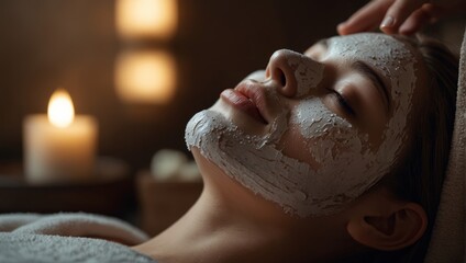Naklejka premium A woman getting a facial mask at the spa,.