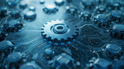 A blue and black computer chip with a blue gear on it