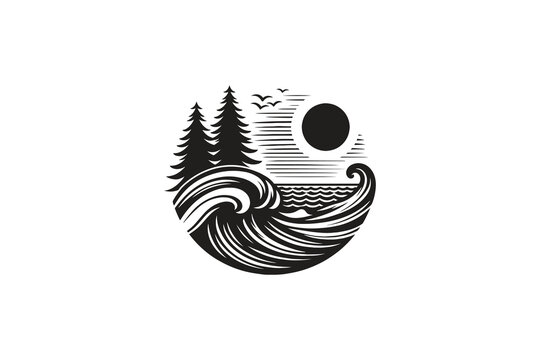 beach ocean vibes logo with waves, pine trees, black and white silhouette style vector