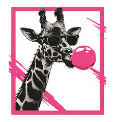 Giraffe with pink bubble gum and sunglasses