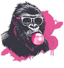Gorilla with pink bubble gum and sunglasses