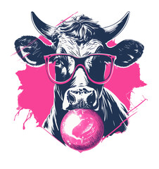 Cow with pink bubble gum and glasses