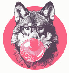 Wolf with pink bubble gum and glasses