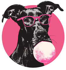 Great Dane with pink bubble gum and glasses
