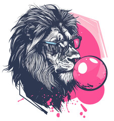 Lion with pink bubble gum and glasses