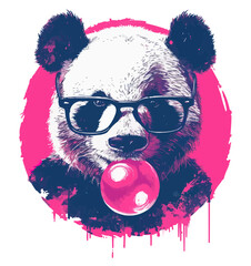 Panda with pink bubble gum and glasses