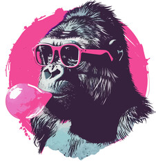 Gorilla with pink bubble gum and glasses