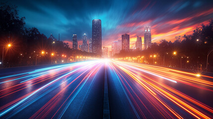 Fototapeta premium A city street with a bright blue sky and a city skyline in the background