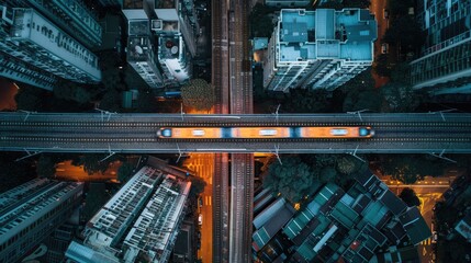 Aerial top view of a train riding on the elevated track with residential buildings at sides. Big city urban concept