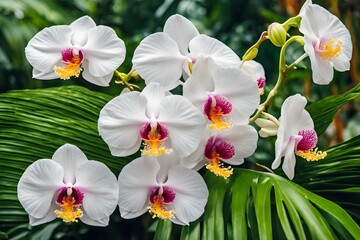 White tropical flowers orchids against a backdrop of lush green foliage, orchids flowers, tropical flowers background