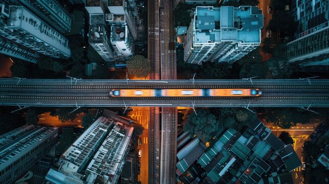 Aerial top view of a train riding on the elevated track with residential buildings at sides. Big city urban concept