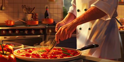 A chef deftly prepares a sumptuous meal, their kitchen filled with the aroma of tantalizing flavors