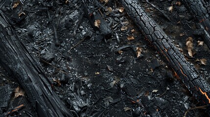 Fototapeta premium Burnt forest floor, postwildfire, charred black and gray, realistic photography, detailed ash and burnt wood