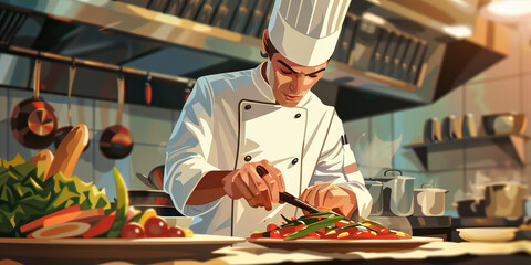 A chef deftly prepares a sumptuous meal, their kitchen filled with the aroma of tantalizing flavors