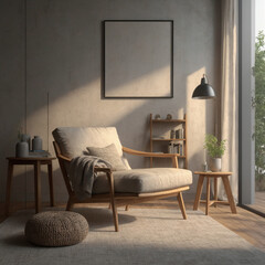 illustration a minimalist living room. A blank picture frame hangs on the wall above the armchair, ready for customization.
