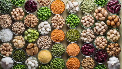 Various assortment of indian legumes in bowls - beans, chickpeas, lentils, dal top view. Vegetable proteins. Vegan food. Healthy eating concept.