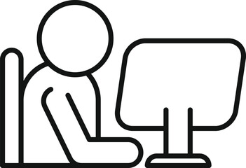 Professional computer user icon in modern minimalistic line drawing style, representing a digital technology workplace with a silhouette of a person working at a workstation