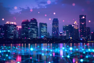 Obraz premium data science visualization connected dots texture above city skyscrapers background, neon lights