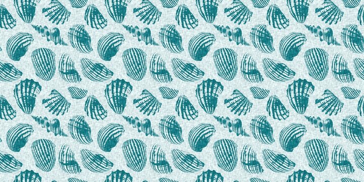 Teal turquoise blue white shell motif with linen seamless batik border background. Modern coastal beach cottage rustic shell block print home decor pattern design in sealife banner beach style. 