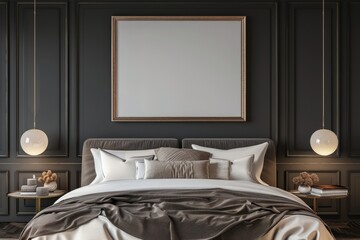 Mockup poster frame in luxury bedroom interior, 3d render, Bronze background.