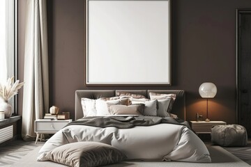 Mockup poster frame in luxury bedroom interior, 3d render, Brown background