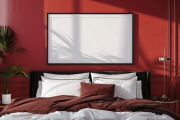 Mockup poster frame in luxury bedroom interior, 3d render, Cherry Red background