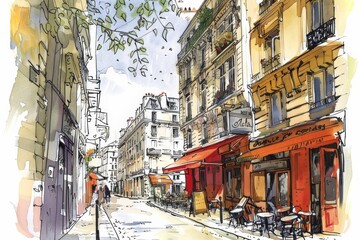 Fototapeta premium Paris street colored sketch postcard