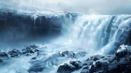 Obraz premium Icy waterfall cascading over rocks, winter landscape, high contrast, digital painting, highlighting the dynamic flow and frozen textures