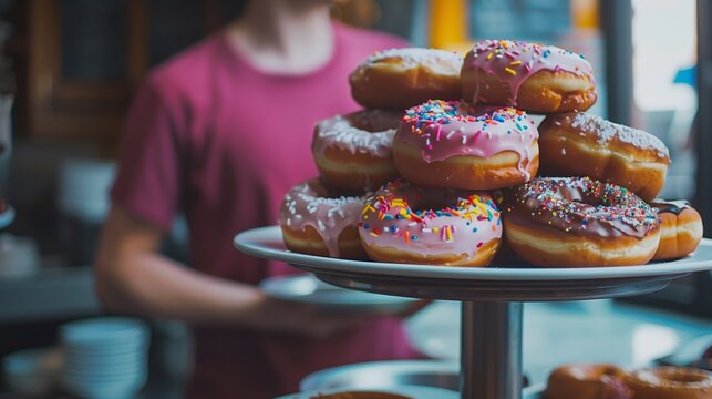 Several donuts stacked in a pile with pink and chocolate glaze and multi-colored sprinkles on a metal stand. A salesman is in the background. National Donut Day