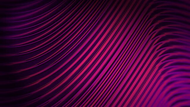 Seamless flowing wavy chromed pink repeat stripes design background loop. Dark style looped animation.