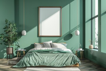 Mockup poster frame in luxury bedroom interior, 3d render, Emerald background