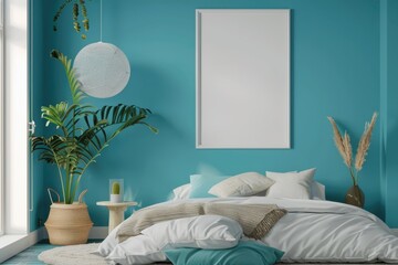 Mockup poster frame in luxury bedroom interior, 3d render, Cyan background.