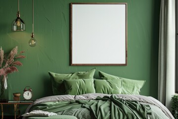 Mockup poster frame in luxury bedroom interior, 3d render, Green background.