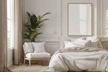 Fototapeta premium Mockup poster frame in luxury bedroom interior, 3d render, Ivory background